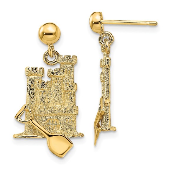 14k Yellow Gold Travel 3-D w/ Shovel Sand Castle Dangle Earrings
